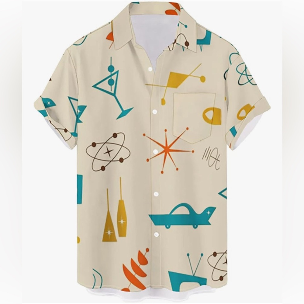 Men’s Retro Bowling 50’s Rockabilly Style Button Down Vintage Camp Shirt Size XL